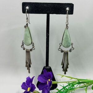 Handcrafted Green Jade Teardrop Dangle Earrings with Sterling Silver Wire Fringe